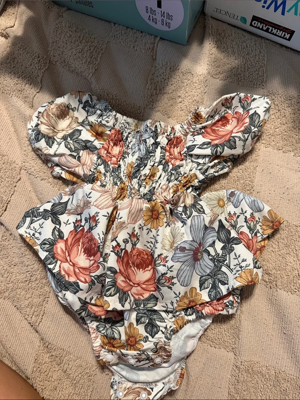 Floral Ruffled Baby One-Piece Bodysuit - Cream with Coral & Mustard Flowers